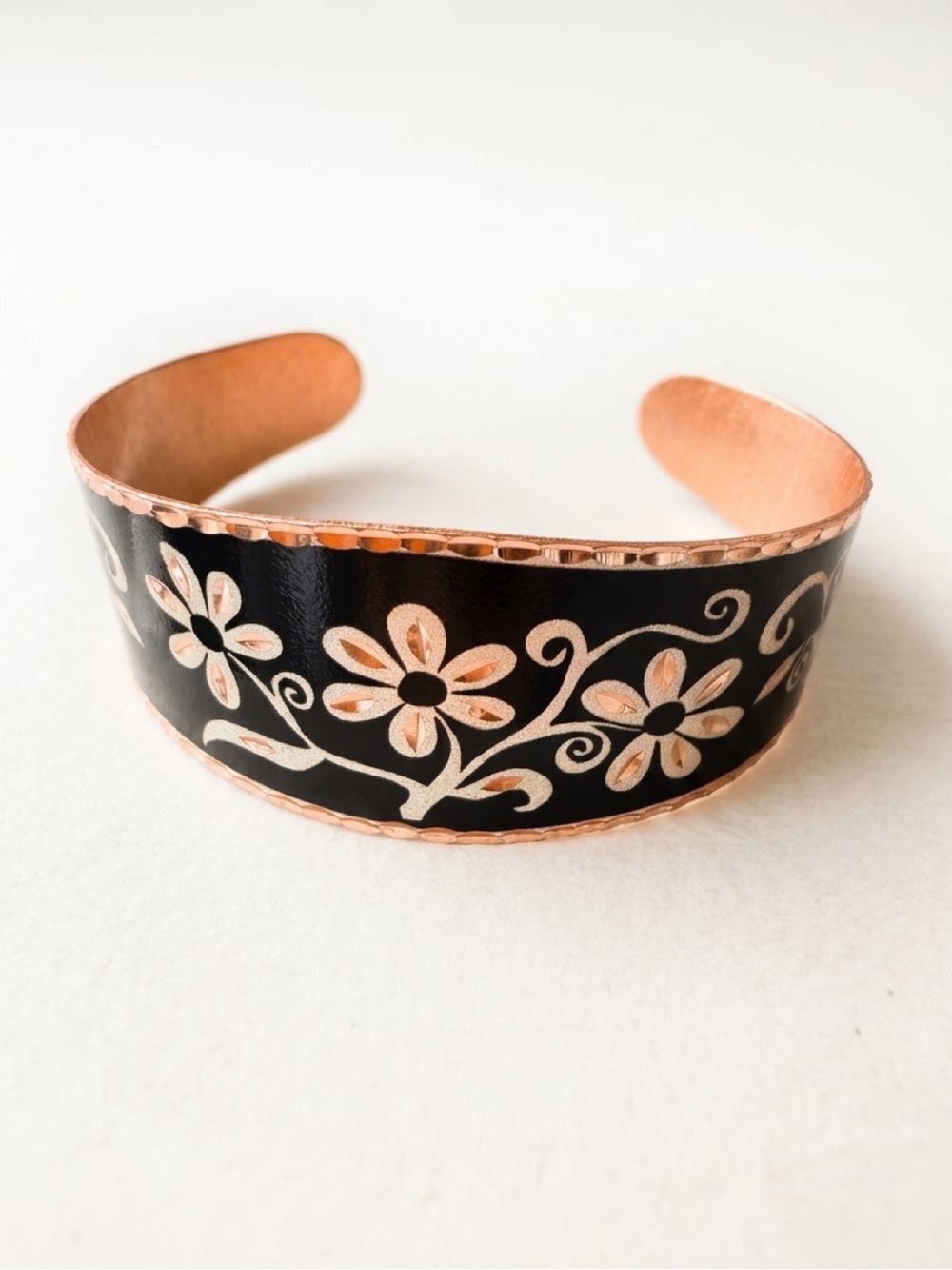 Handcrafted Black and Copper Folk Floral Art Copper Cuff Bracelet Statement
